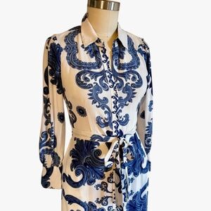 Blue Wave Fitted Maxi Shirtdress with Side Slits